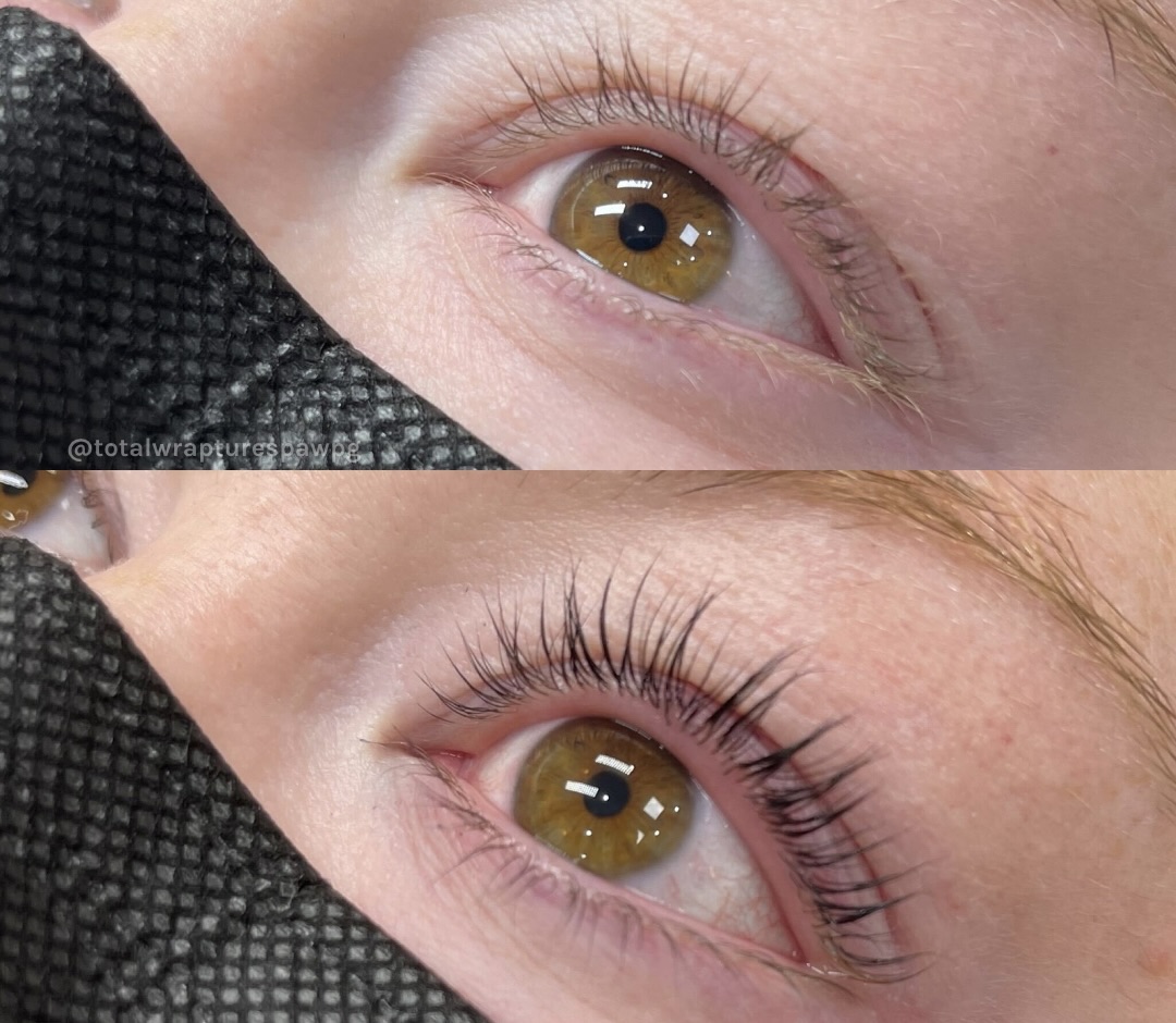 High-definition image showing untreated lashes next to post-treatment results from lash lift and tint training in Winnipeg, highlighting the lifted curve and intensified color.