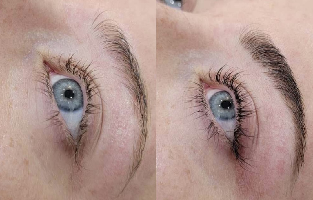 Side-by-side comparison of straight lashes versus lifted and tinted results achieved in lash lift and tint training in Winnipeg