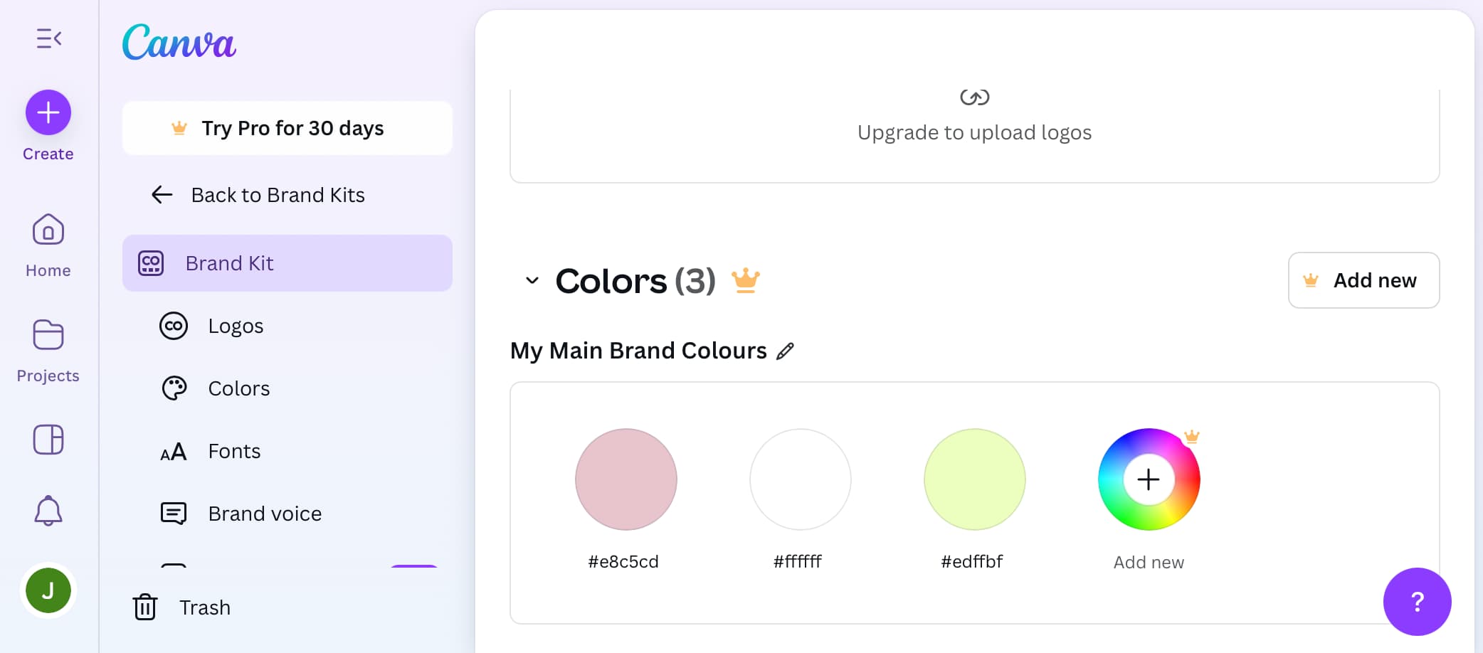 Screenshot of the Canva Brand Kit interface showing the free version’s colour palette feature. Three brand colours are saved, with an option to add a new colour using a colour wheel. The sidebar shows navigation options including Logos, Colors, Fonts, and Brand Voice.