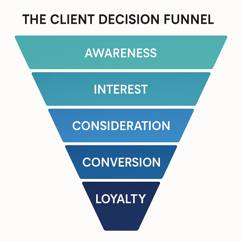 A funnel-shaped diagram titled “The Client Decision Funnel.” It has six stacked layers narrowing downward, each labelled from top to bottom: Awareness, Interest, Consideration, Conversion, Loyalty, and Advocacy. The colours transition from teal at the top to dark navy at the bottom.