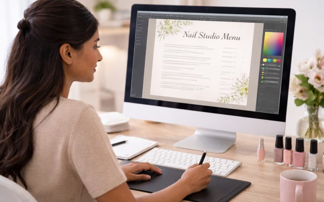 woman designing a nail studio service menu for marketing on her computer, illustrating pricing for freelance estheticians in Manitoba