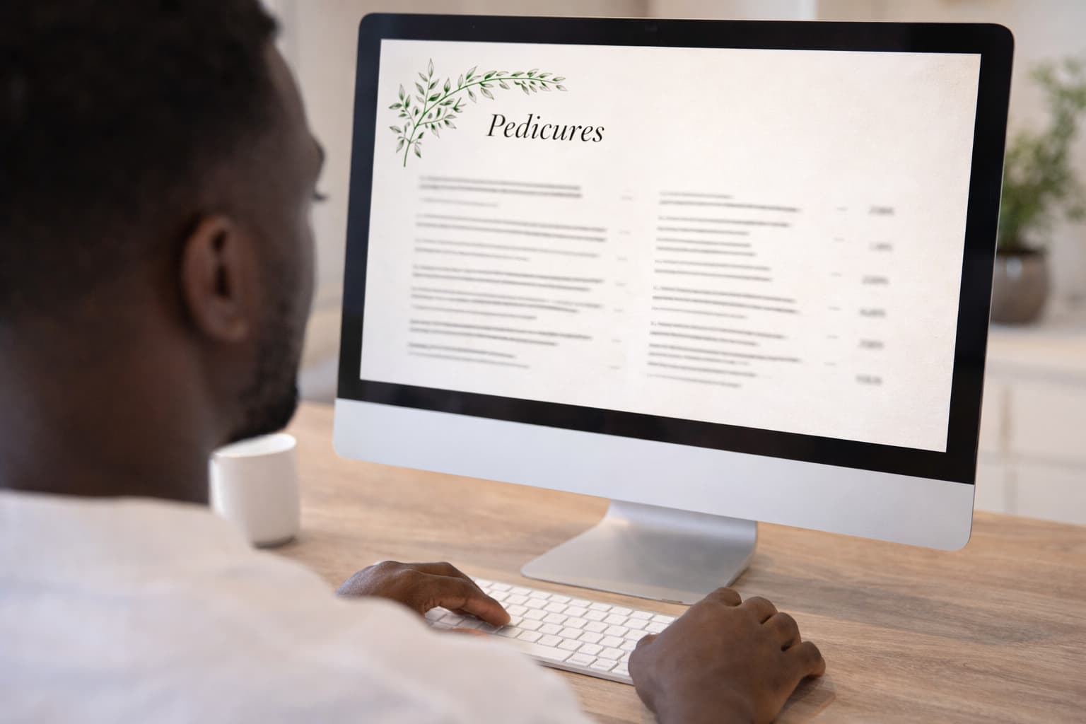 Freelance esthetician reviewing pedicure service pricing on a computer, illustrating pricing for freelance estheticians in Manitoba