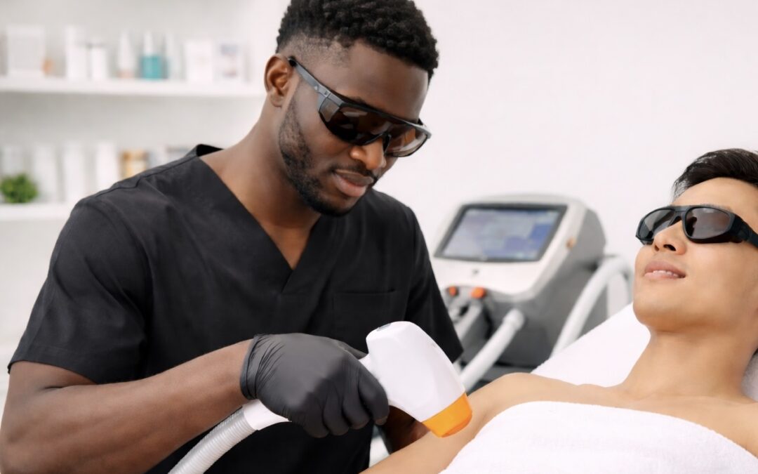esthetician performing laser hair removal on a client during a professional treatment session, illustrating laser technician training Winnipeg