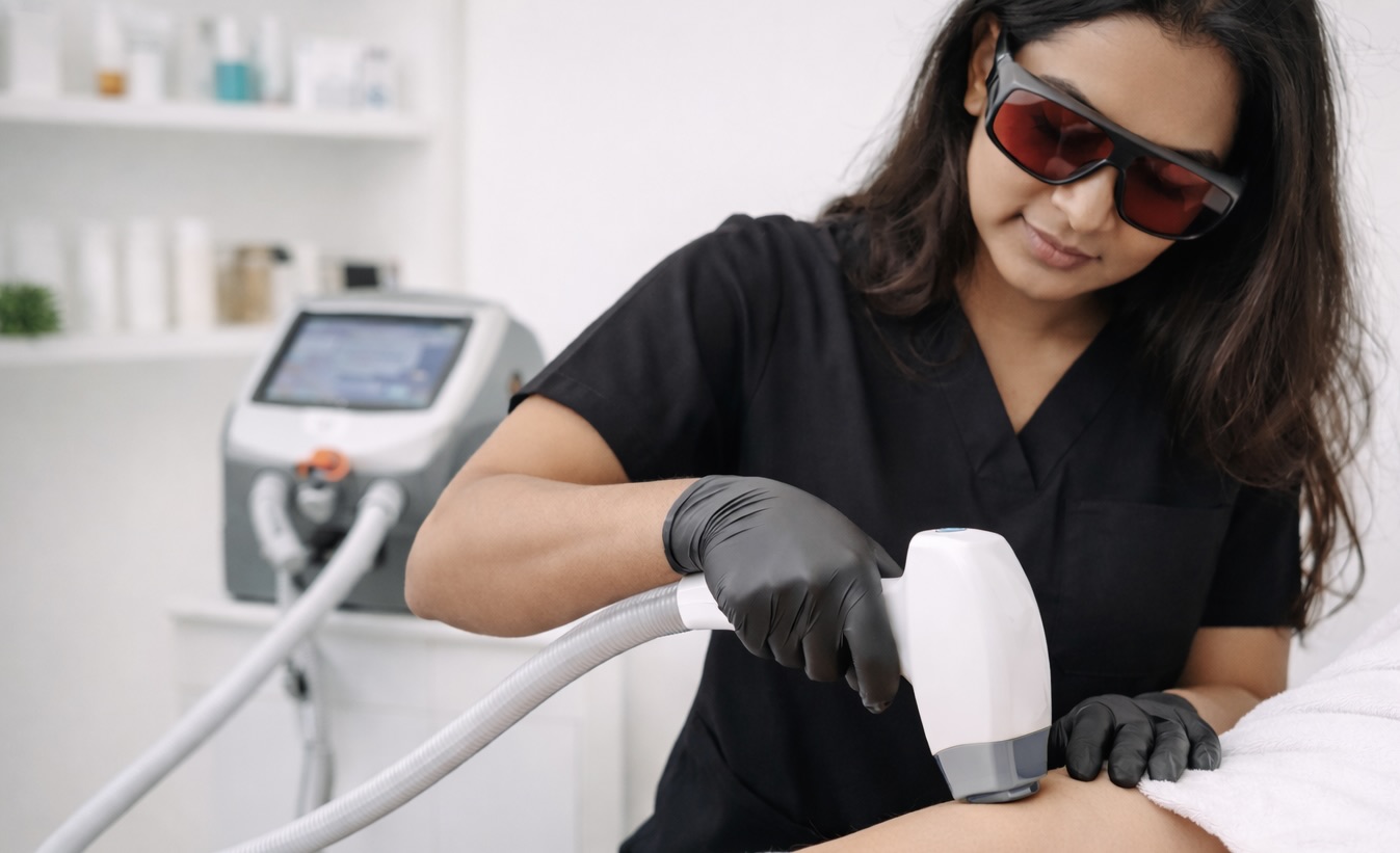 Laser technician performing professional laser hair removal on a client’s hairless leg during hands-on laser technician training in Winnipeg