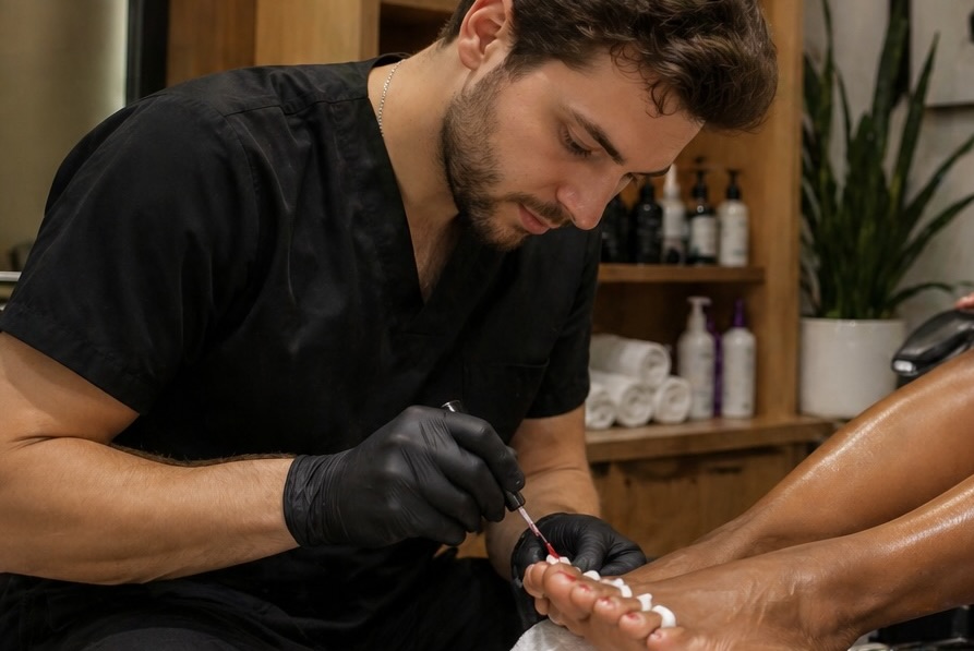A spa pedicure scene in a warm, modern treatment room where a brown-haired technician with short, styled hair and trimmed facial hair carefully applies nail polish to a client’s toenails. The technician wears black attire and gloves, leaning forward with focused attention while holding a small brush. The client reclines comfortably in a cushioned pedicure chair wearing a white robe, with legs extended and resting on a rolled towel above a foot basin. One hand holds a small glass, suggesting a relaxed experience. Surrounding the area are neatly arranged skincare and nail products, a sink with chrome fixtures, folded towels, and shelving with bottles. Soft lighting, neutral tones, and a few decorative elements create a calm, professional spa atmosphere.