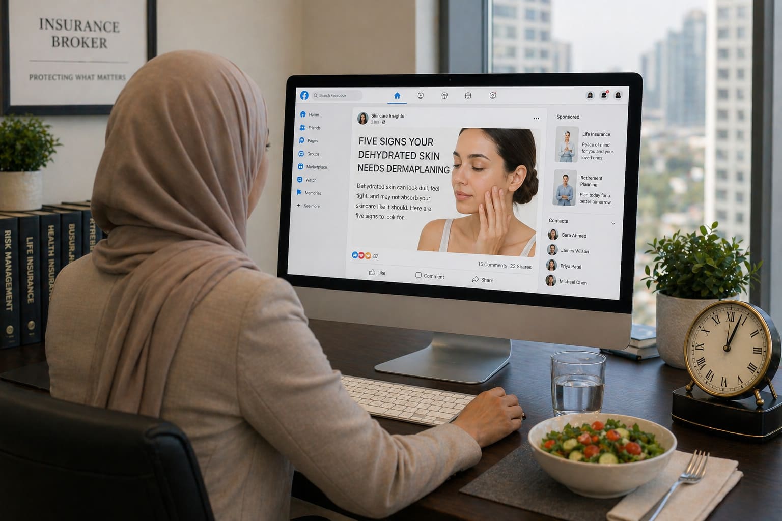 A professional office scene viewed from behind shows a person seated at a desk working on a desktop computer. The workspace includes insurance-related signage on the wall, books, and a clean, organized setup. On the computer screen, a social media feed is open to a post titled “five signs your dehydrated skin needs dermaplaning,” featuring a skincare image without any tools visible. A bowl of food and a glass of water sit on the desk, and a nearby clock reads 12:05, indicating a lunch break moment.