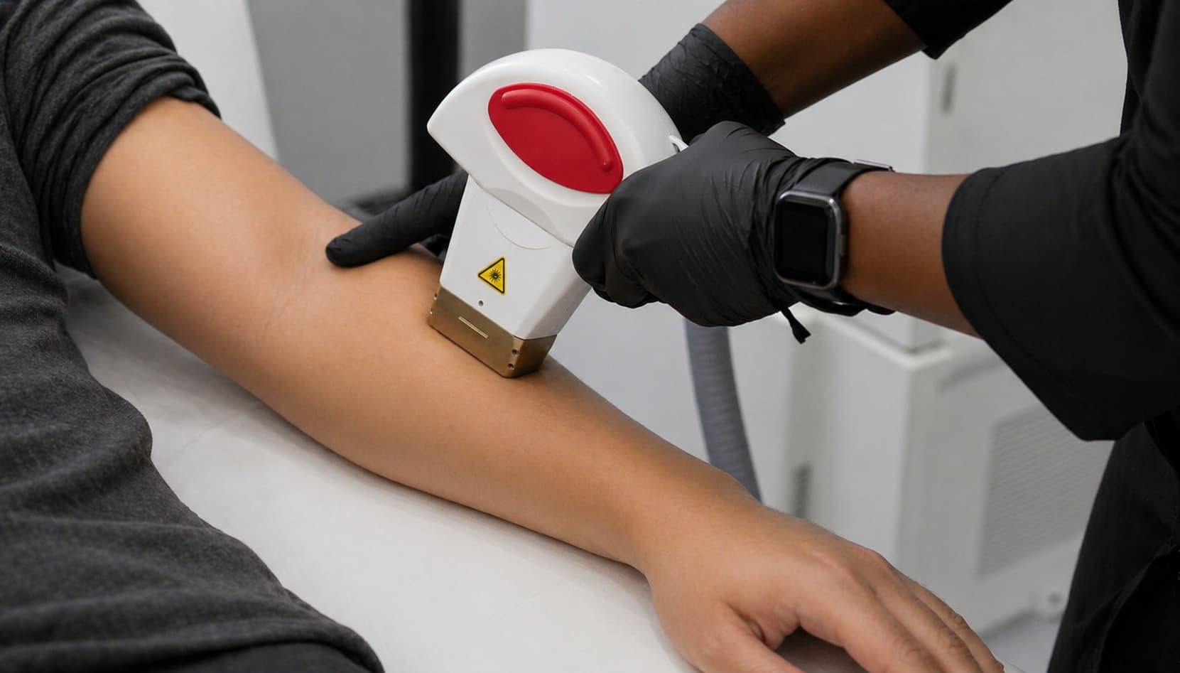 Close-up of a laser treatment being performed on a hairless male forearm in a clean clinical setting. A practitioner, wearing black gloves and a smartwatch, holds a handheld laser device with a smooth rectangular tip against the client’s skin. The client’s arm rests relaxed on a treatment bed, with no visible hair on the treated area to allow for safe and effective laser application. The background is softly blurred, showing a bright, minimal, professional environment focused on precision skin treatments.