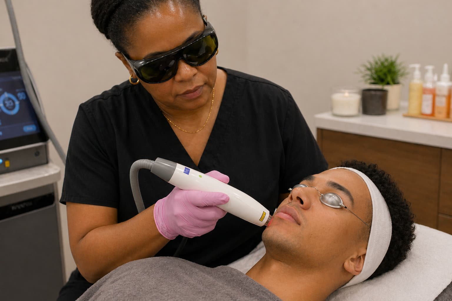 Close-up view of a laser acne scar treatment being performed in a clean, modern spa setting, where a practitioner wearing protective eyewear and gloves uses a straight handheld laser device on a client’s cheek. The client lies comfortably on a treatment bed with protective eye shields and a headband, while the laser targets a hair-free area of skin with precision. In the softly lit background, neutral tones, skincare products, and clinical equipment create a calm, professional environment focused on advanced skin treatments. laser technician course winnipeg