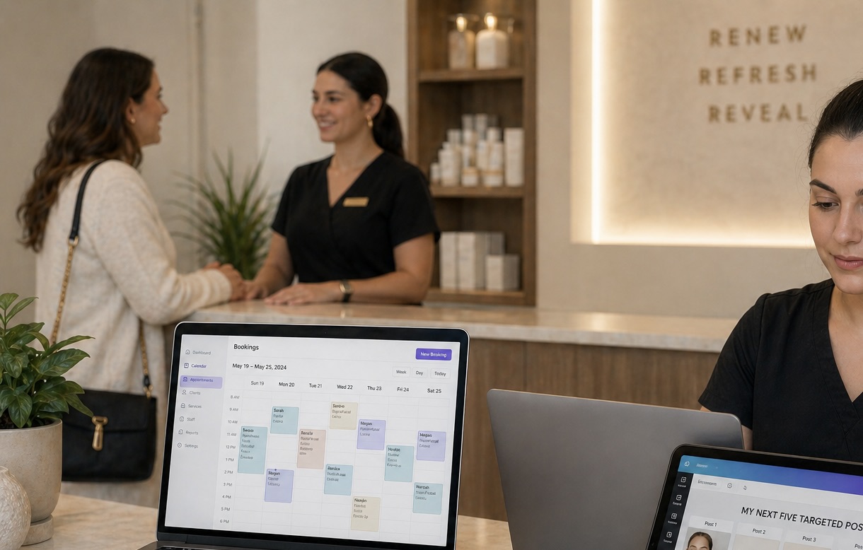 A bright, modern spa reception area with a clean, neutral design. In the foreground, a young aesthetician sits partially behind the counter, focused on work with a laptop and tablet in front of her. The laptop displays a booking calendar interface, while the tablet shows a content planning layout titled “my next five targeted posts” with visual tiles. In the background, a receptionist stands at the desk speaking with a client, creating a welcoming and professional atmosphere with soft lighting, product displays, and minimal decor.