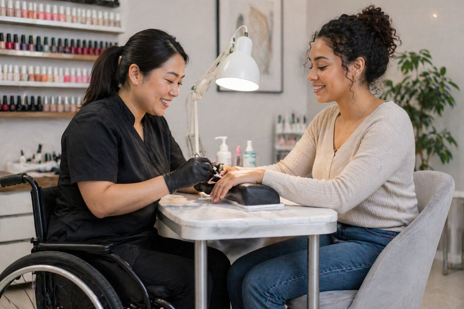 A bright, modern nail salon where a nail technician with dark hair tied back, seated in a wheelchair, performs a manicure at a marble-topped table. The technician wears black attire and gloves, carefully shaping or polishing the client’s nails. The client, with curly hair pulled into a high bun, sits comfortably across the table with one hand resting on a cushioned hand rest, smiling during the service. The workspace includes a task lamp, neatly arranged nail products, and shelves of polish bottles in the background. Soft lighting, clean surfaces, and minimal décor create a professional, welcoming environment focused on precision and comfort.