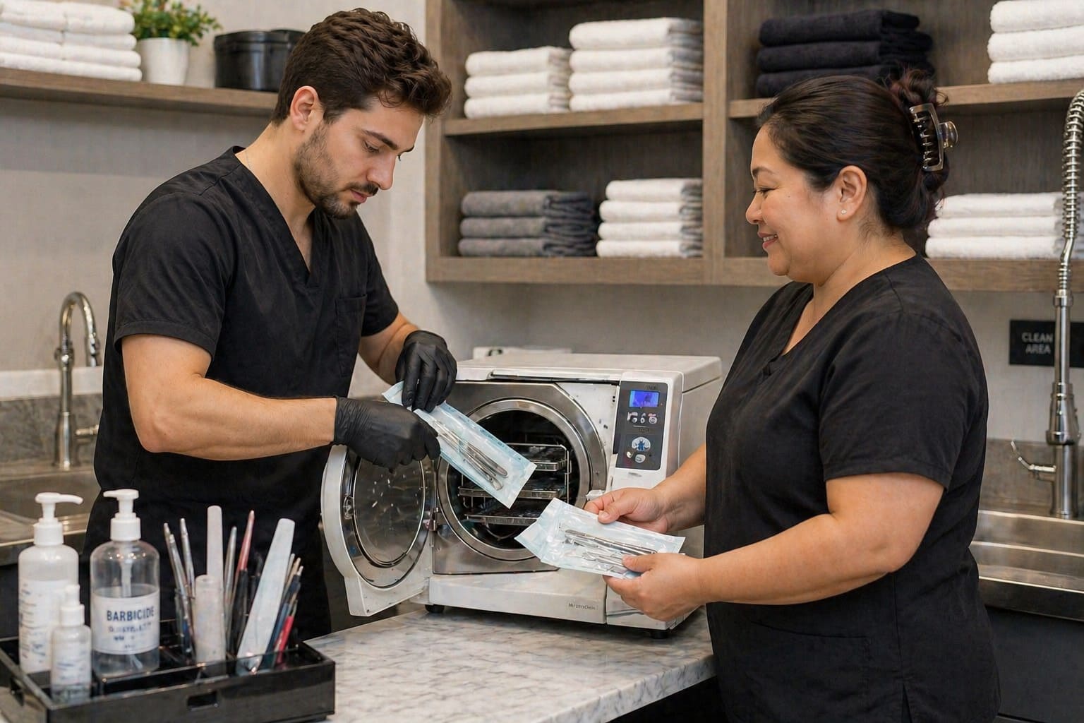 A clean, well-lit sanitation area where a brown-haired nail technician in black attire and gloves carefully places sealed, properly wrapped metal tools into an open autoclave for sterilization. Beside them, a second technician with dark hair clipped back holds the autoclave door open while preparing additional wrapped tools to load next. The setting includes a sink with chrome fixtures, neatly folded towels stacked on open wooden shelves, and organized manicure tools in containers on the counter. The space appears orderly and professional, emphasizing hygiene, proper tool handling, and sterilization procedures.