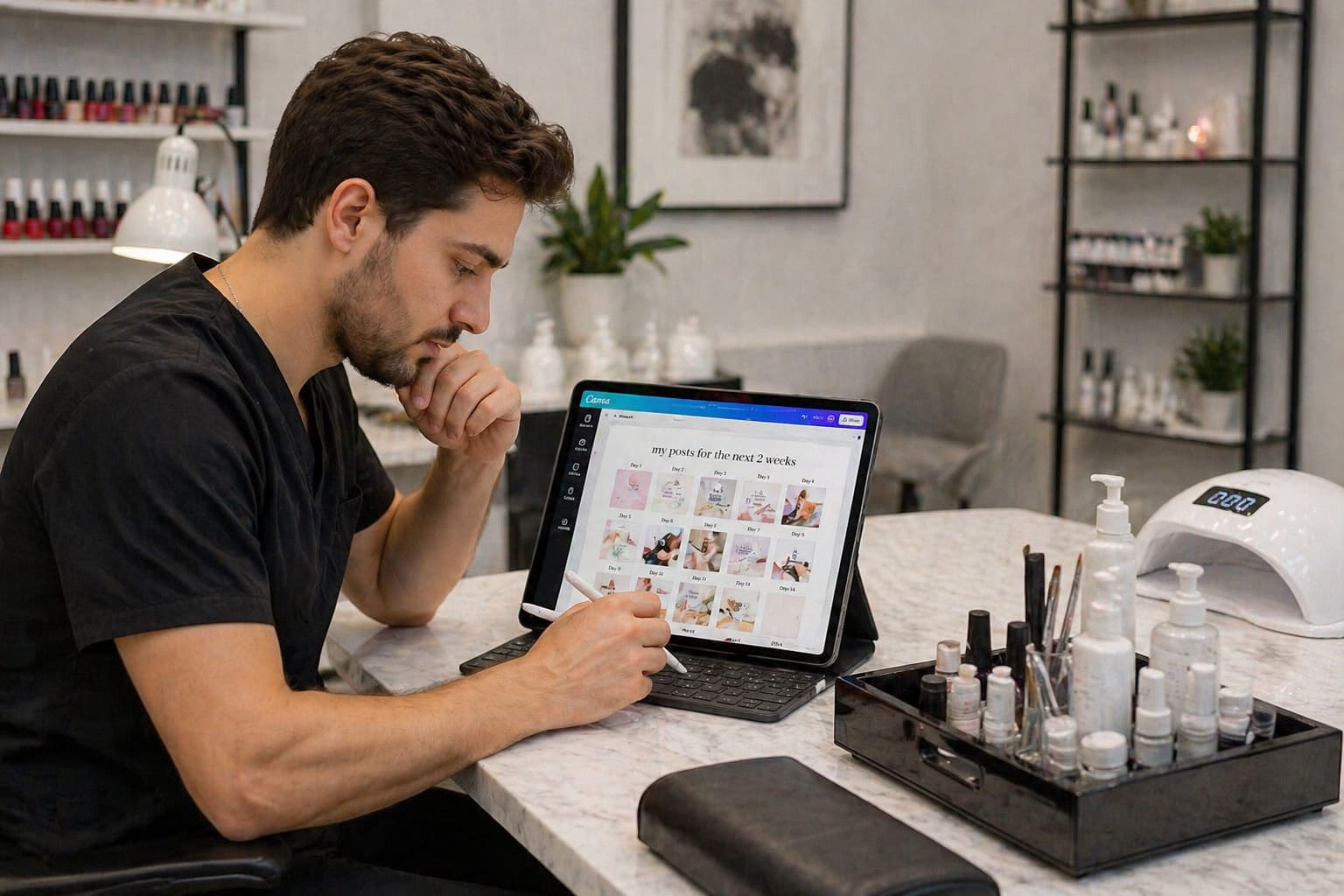 A modern nail technician with short brown hair sits at a marble manicure station in a bright salon, focused on an iPad propped in front of him. The screen displays a Canva layout titled “my posts for the next 2 weeks,” showing a grid of planned content. He holds a stylus and leans in thoughtfully, reviewing or editing the schedule. The workstation includes neatly arranged nail tools, polish bottles, and a UV lamp, while shelves of products and soft lighting in the background create a clean, professional environment that blends beauty services with digital planning