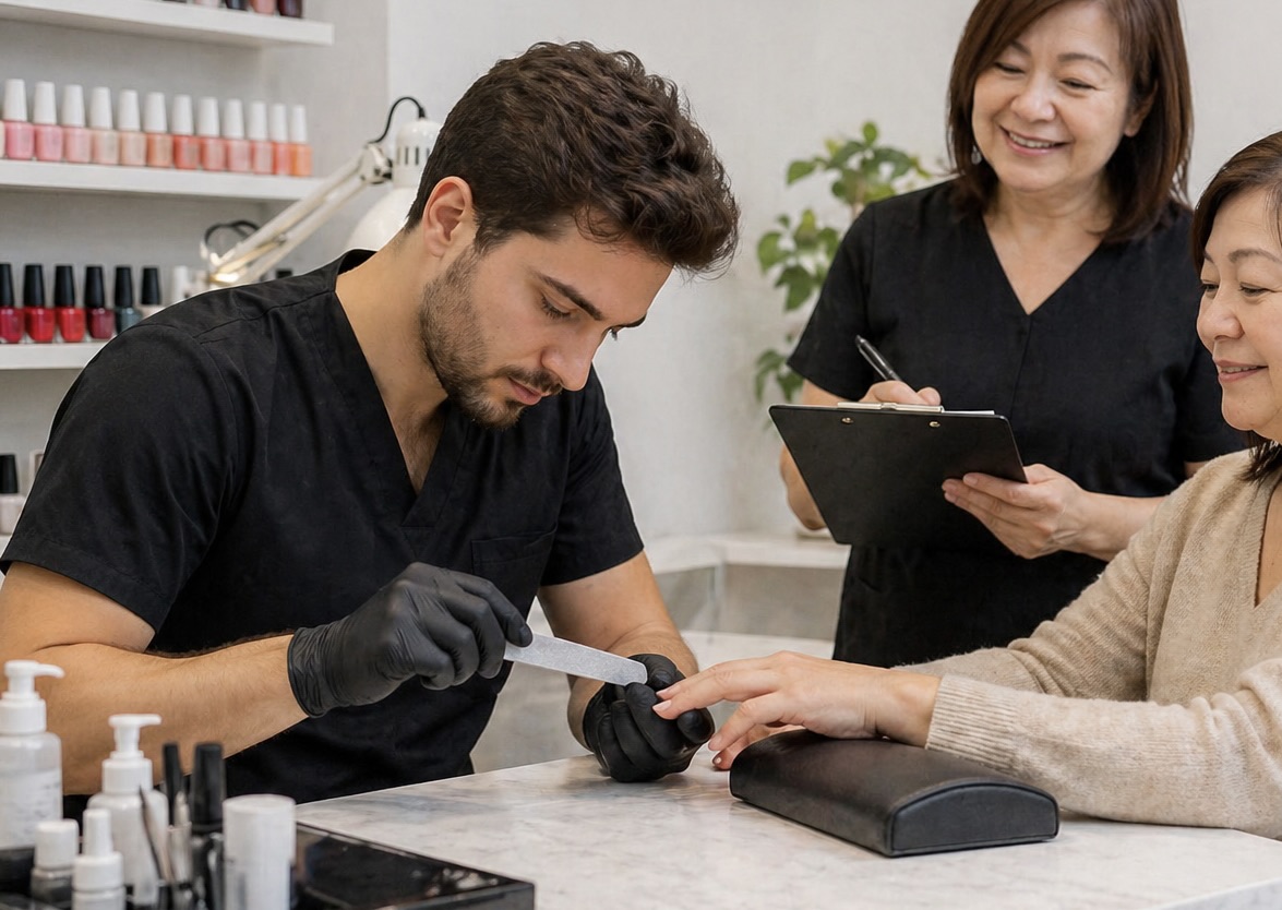 A bright, modern nail salon where a brown-haired nail technician with short, styled hair carefully files a client’s fingernails at a marble manicure table while wearing black gloves and professional attire. The client, a middle-aged woman with shoulder-length hair, sits comfortably with her hand resting on a padded cushion, watching the process with a relaxed expression. Behind them, an instructor with similar shoulder-length hair observes the technique while holding a clipboard and making notes. The space features neatly arranged nail tools, bottles, and shelves of polish in the background, with soft lighting and clean, neutral décor creating a professional training environment.