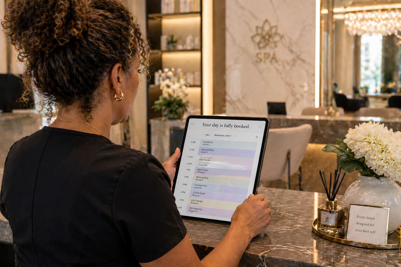 A luxurious spa reception area with marble surfaces, warm lighting, and elegant decor. Seen from behind, an esthetician with hair tied up stands at the front desk holding an iPad and reviewing a full daily schedule. The screen at the top reads “your day is fully booked,” with a detailed list of appointments below. Soft floral arrangements, candles, and product displays enhance the upscale, calming atmosphere.