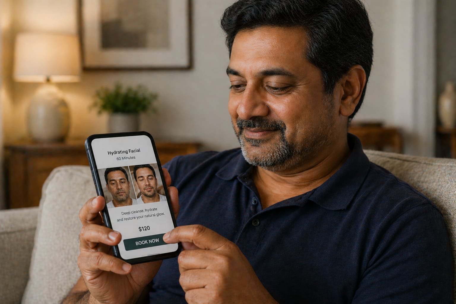 middle-aged man with short dark hair sits on a sofa in a softly lit living room, holding a smartphone with both hands. He looks down at the screen with a slight smile as his thumb hovers over a “Book Now” button for a spa facial. The phone displays a clean booking interface with treatment details and a before-and-after skincare image. The background is warm and neutral, with a lamp, framed wall art, and subtle home decor creating a relaxed, comfortable atmosphere.