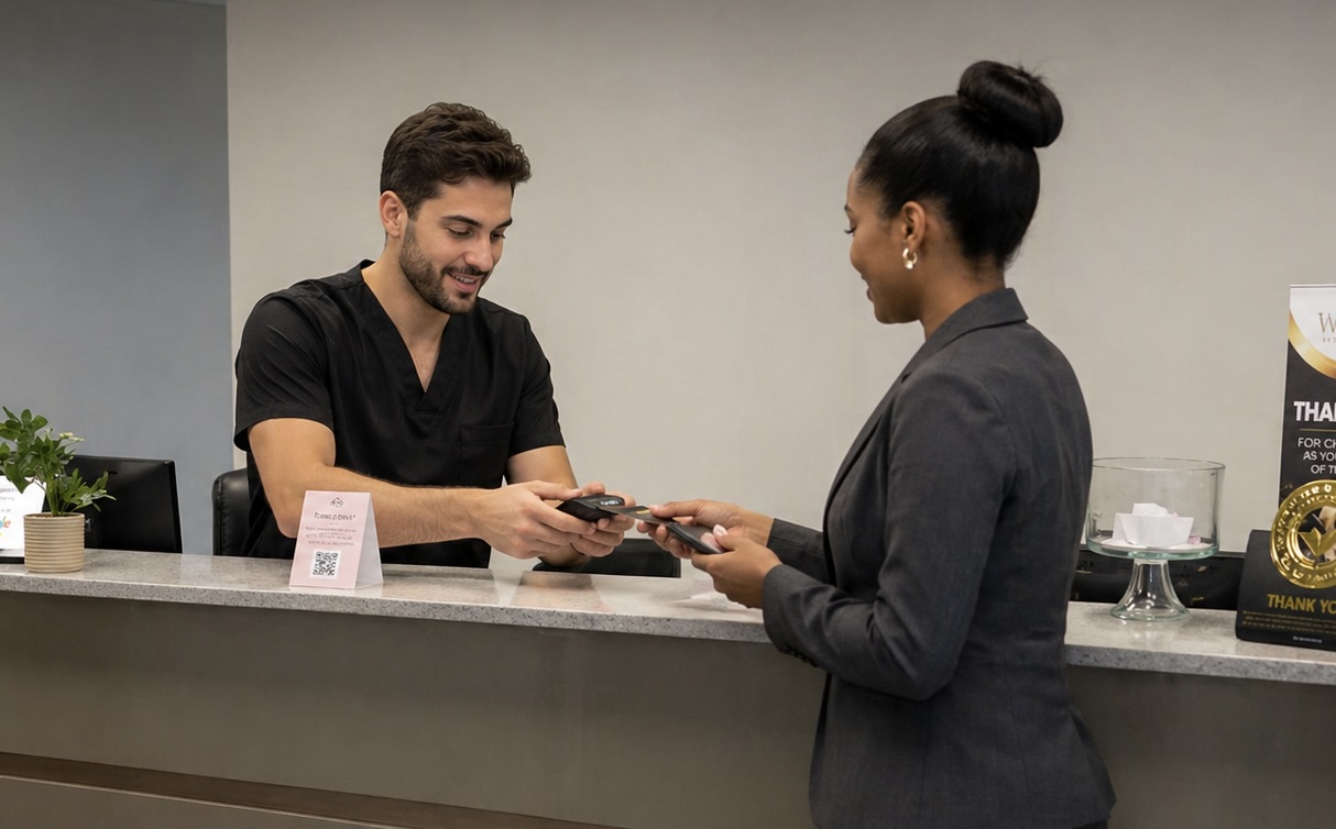 A clean, modern reception area where a brown-haired nail technician in professional attire stands behind a sleek front desk, completing a checkout transaction with a client dressed in business-style clothing. The technician smiles while handing back a payment card, and the client stands on the opposite side of the counter holding a wallet. The background features a plain, neutral wall, while the desk is styled with small décor items such as a plant, display cards, and a glass container. Soft overhead lighting and tidy surroundings create a polished, professional atmosphere focused on client service and efficiency.
