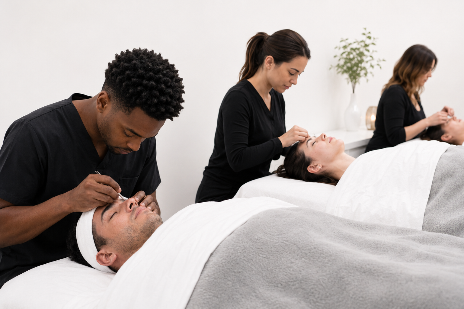 Wrapture Beauty Academy students performing facial services on clients