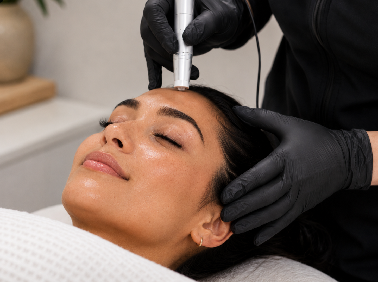 Model receiving microneedling face treatment at Wrapture Beauty Academy